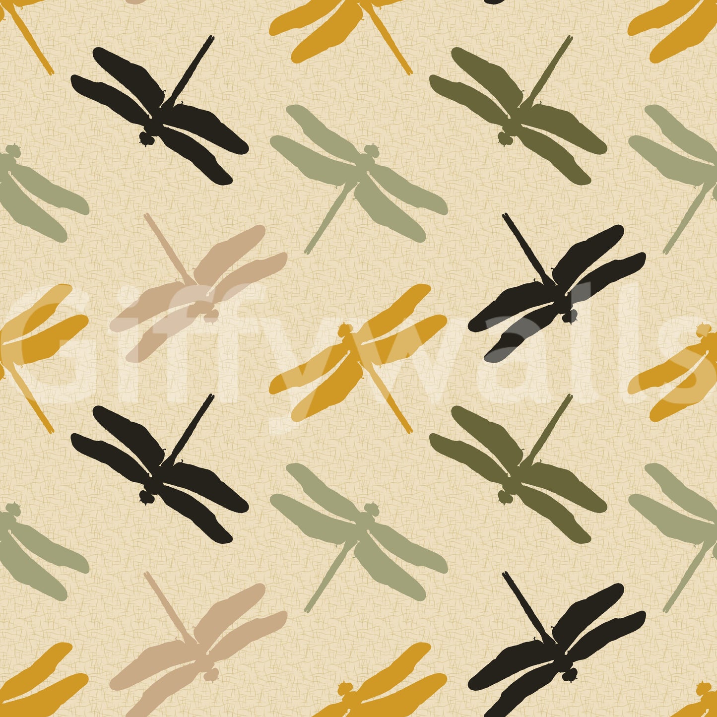 Hand-drawn dragonfly design on mustard green textured print.