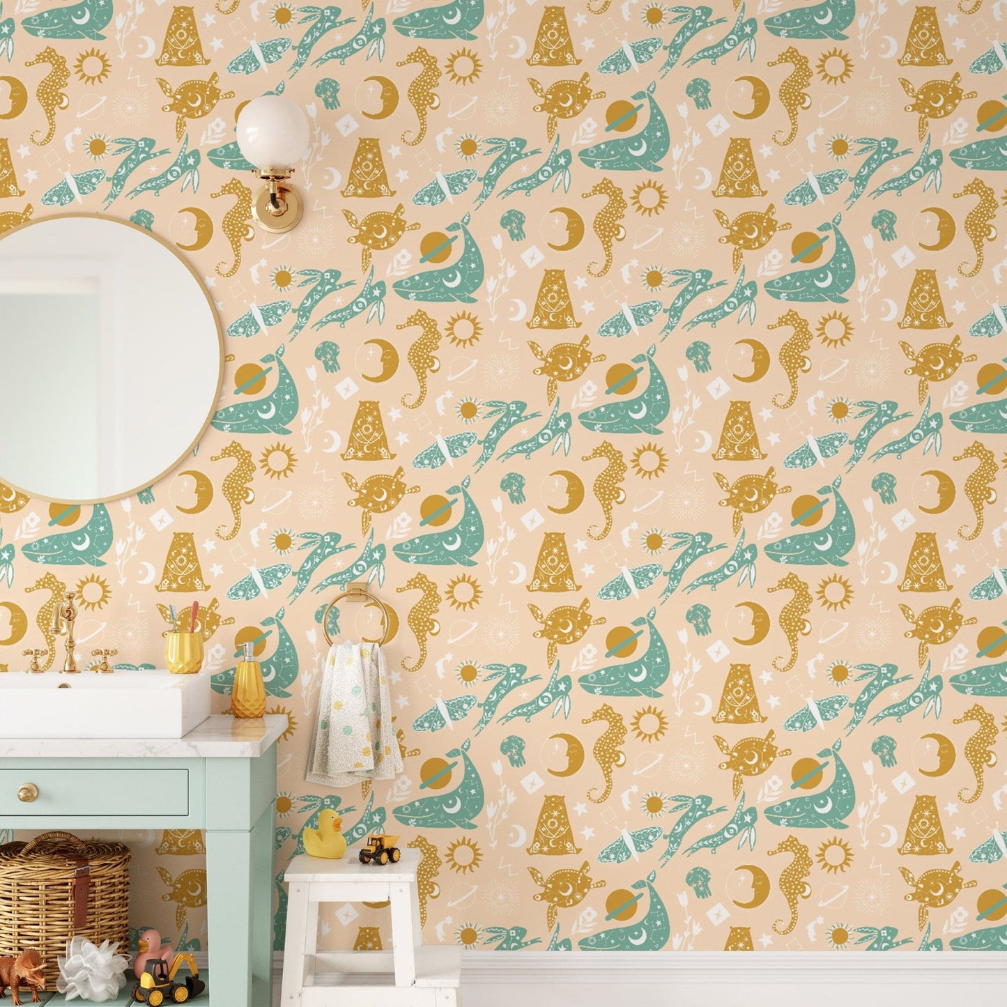 Soft yellow mural with night and animal vibes, SUSCT77
