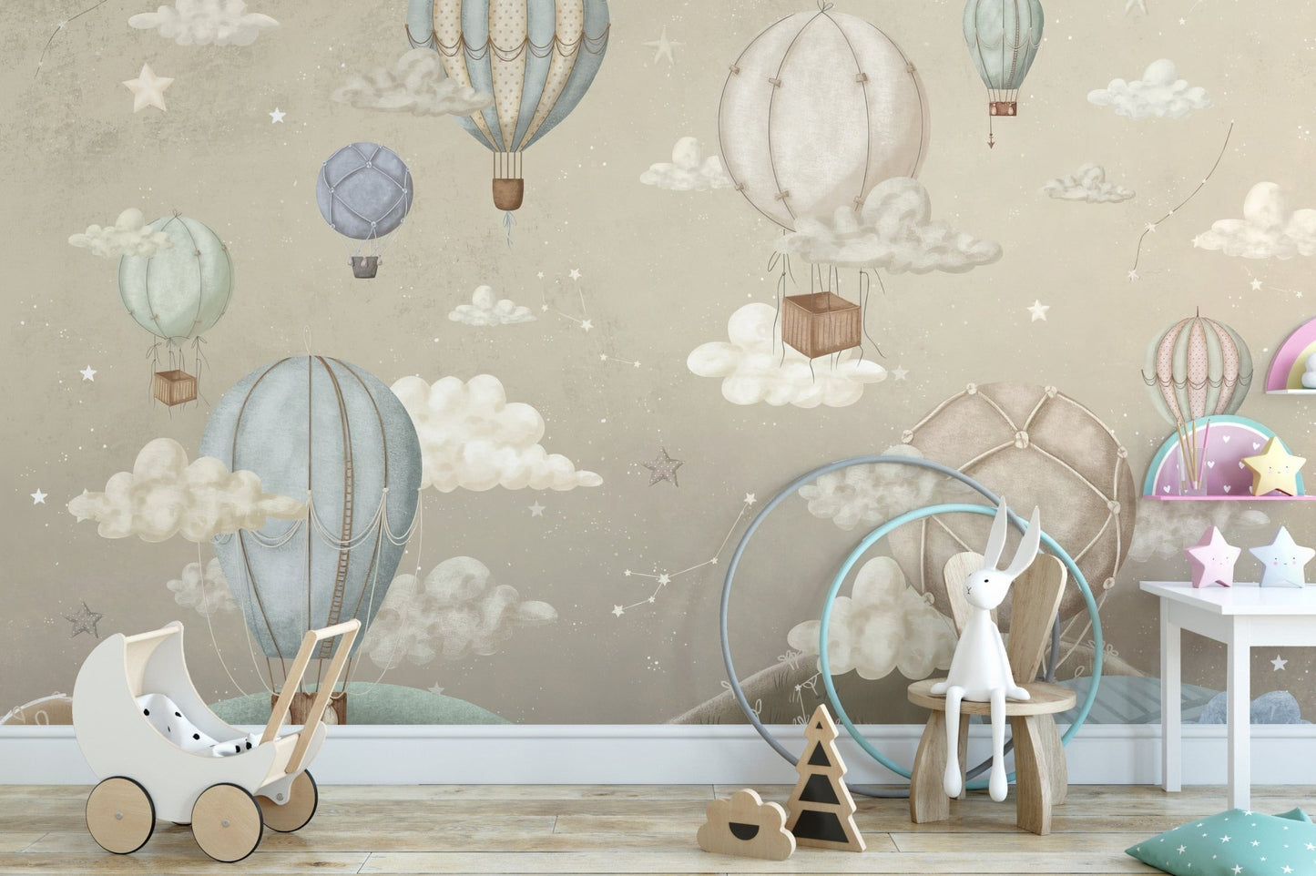 Floating hot air balloons mural for a whimsical look, C78
