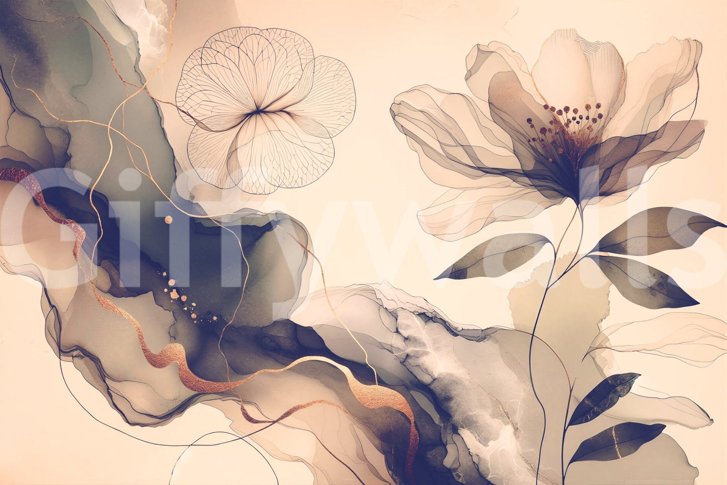 A high-quality monochrome floral wall mural for walls.