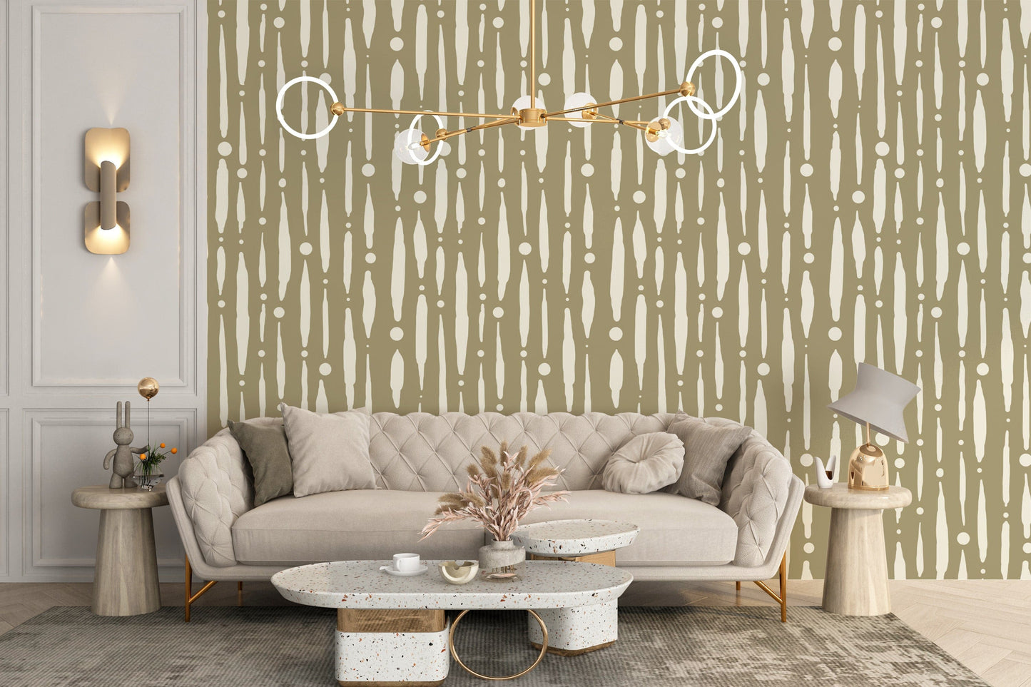 Artistic dripping lines wallpaper in sage green tones