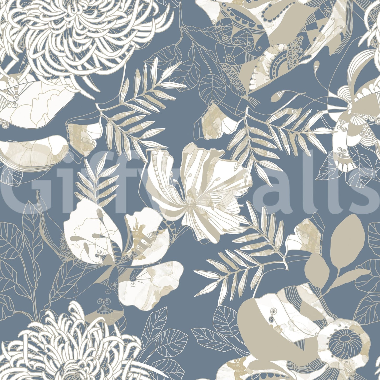 A balanced bloom repeat defines Dusty Blue Floral wallpaper beautifully