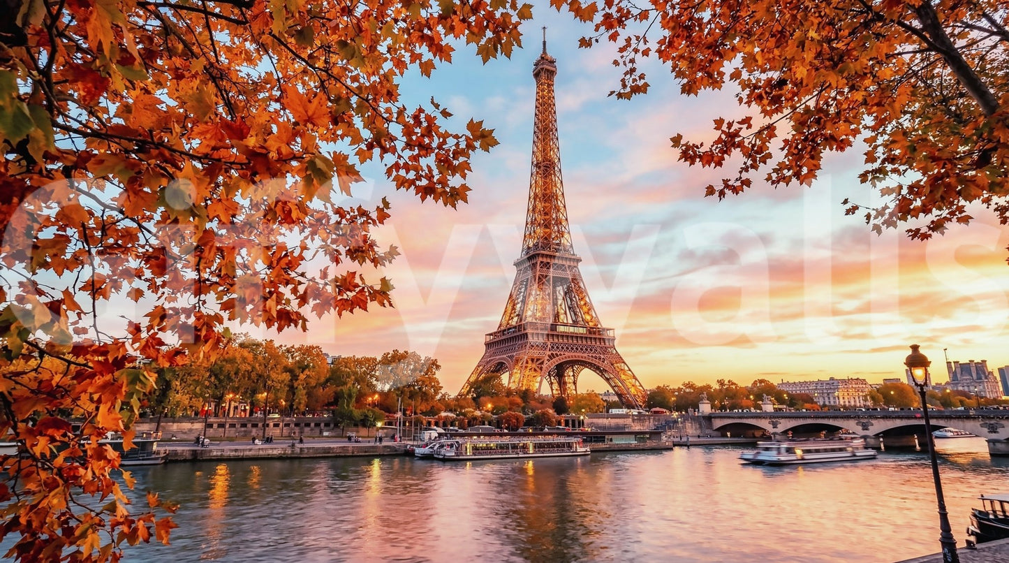 Sunset-lit Eiffel scene in Eiffel Autumn Glow wall mural