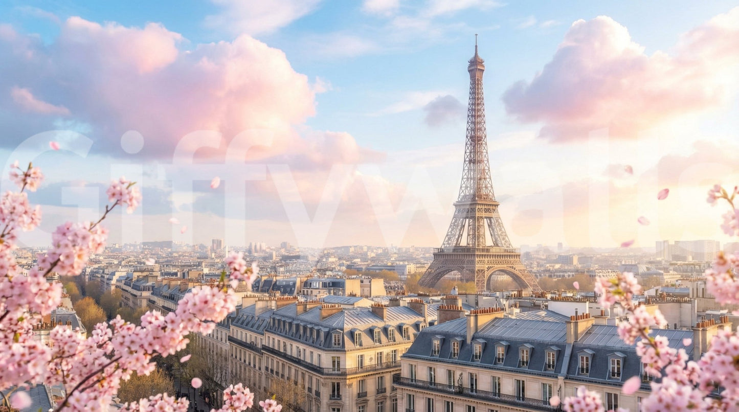 Eiffel Bloom Wall Mural bright living room with Paris skyline blossoms