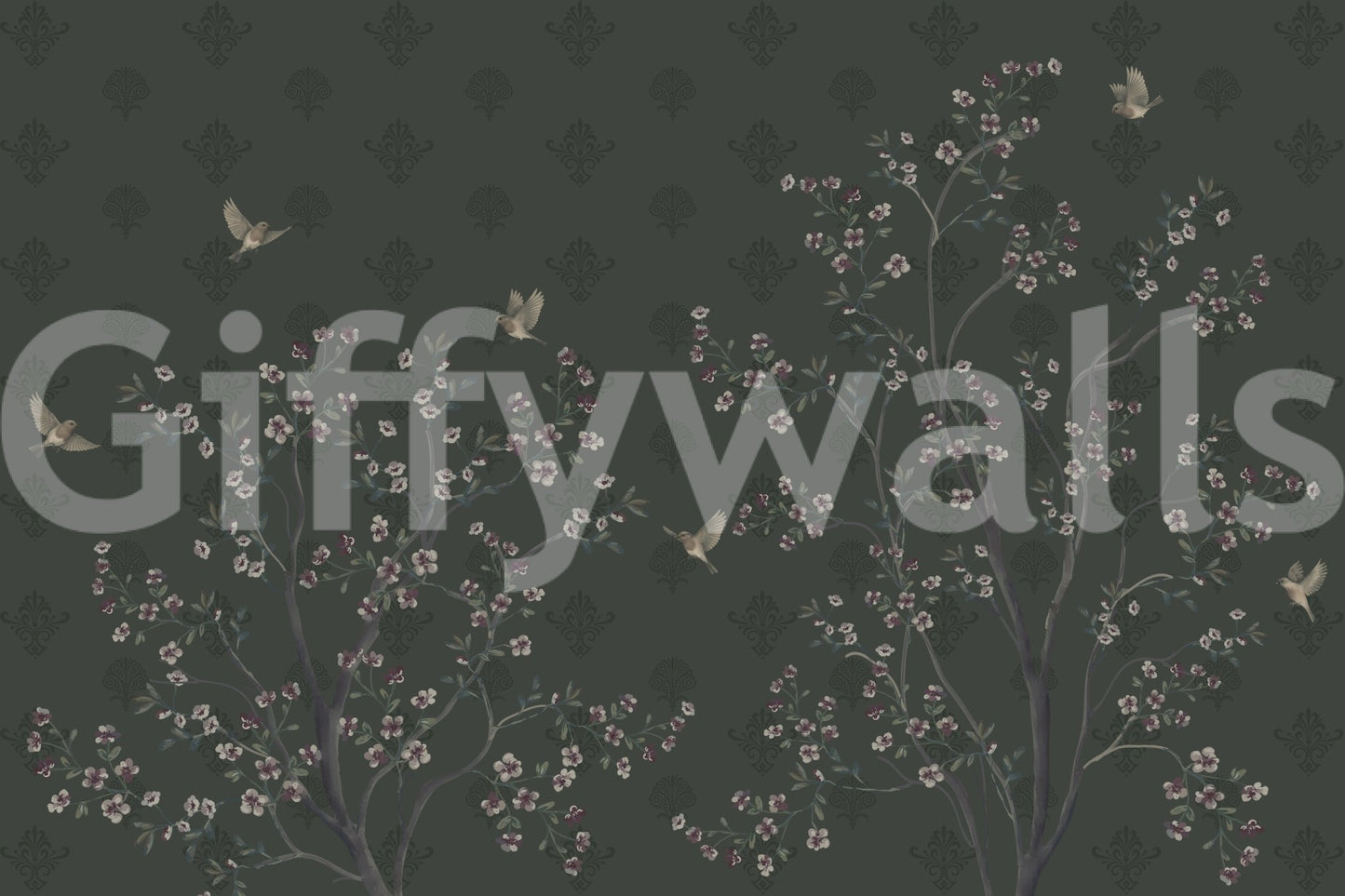 Elegant Avian Bloom Wall Mural with blossoming trees and soft birds on dark green