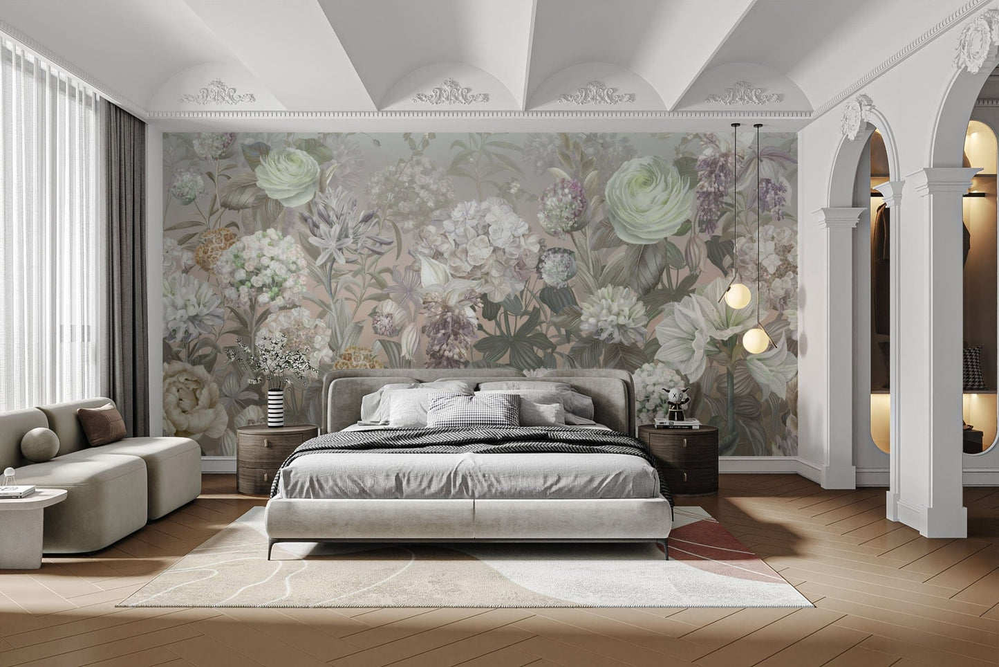 Romantic botanical wallpaper in pastel hues