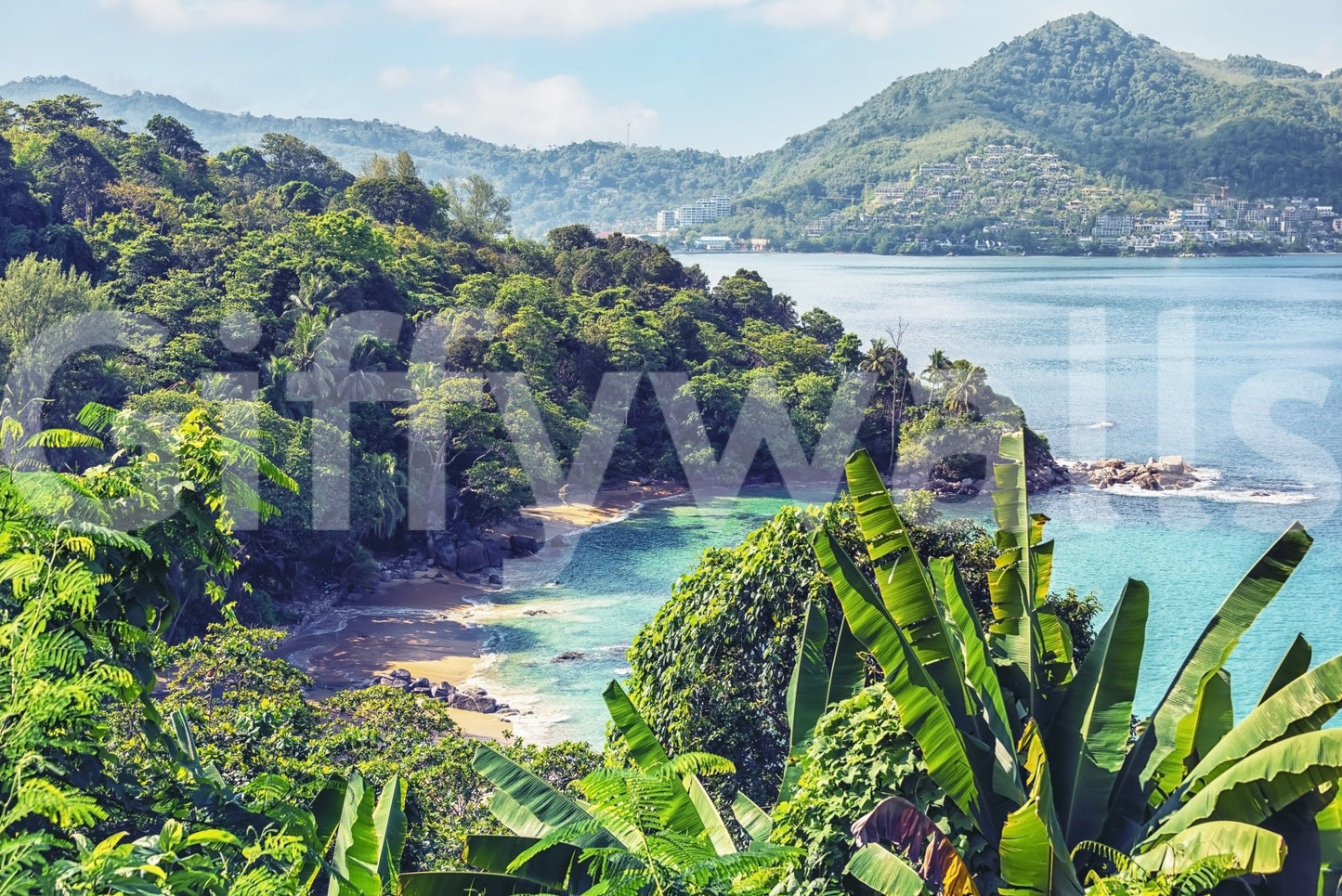 Tropical bays and hillside greenery shape Emerald Coast Wall Mural in bright daylight