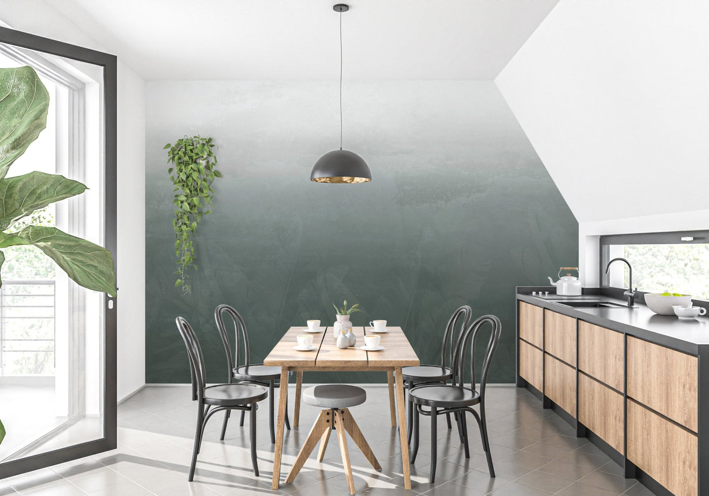 Stylish forest wallpaper in a modern kitchen C439