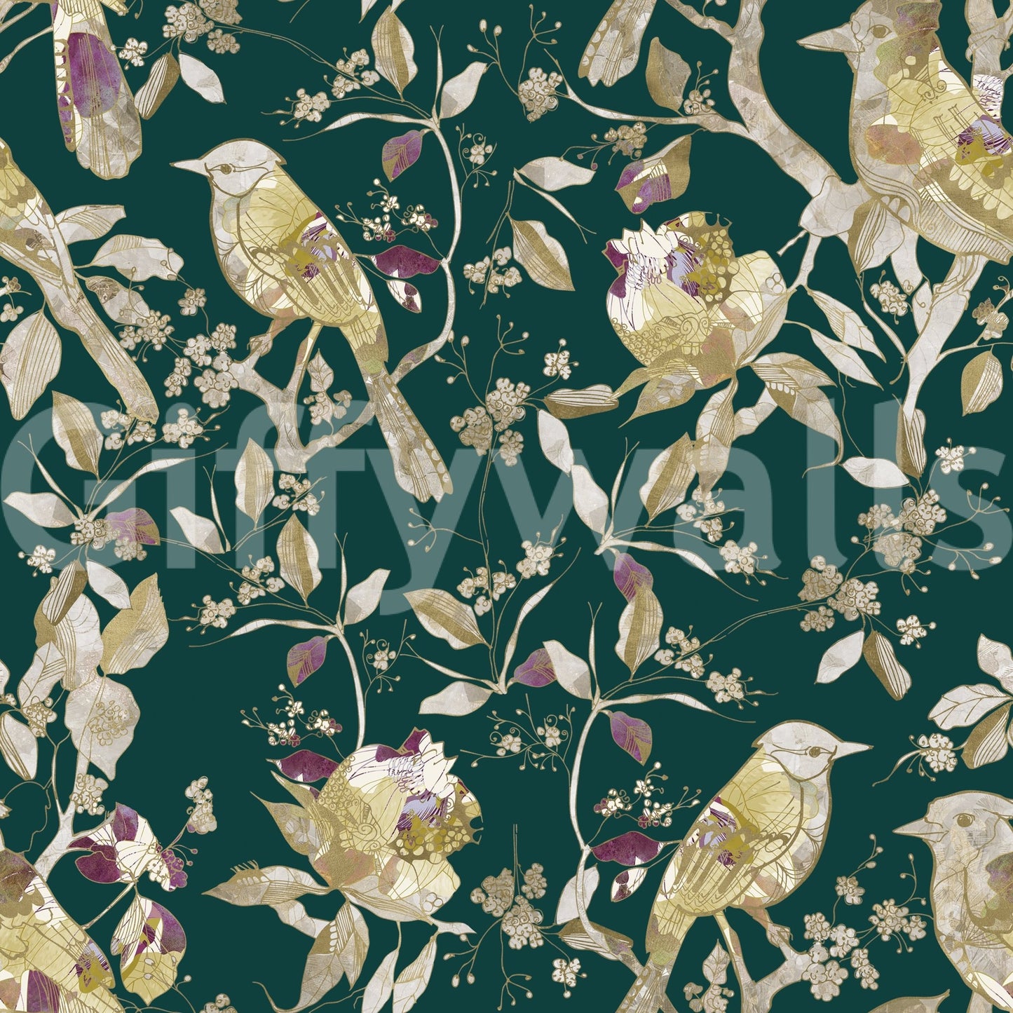 Emerald bird wallpaper with vintage blossom trail and graceful branch pattern