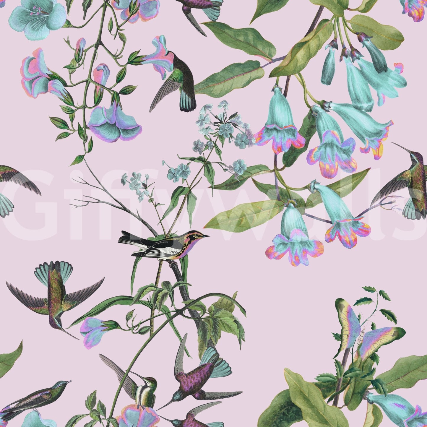 Soft pastel wallpaper with Enchanted Aviary Flowers and branches, GD9341