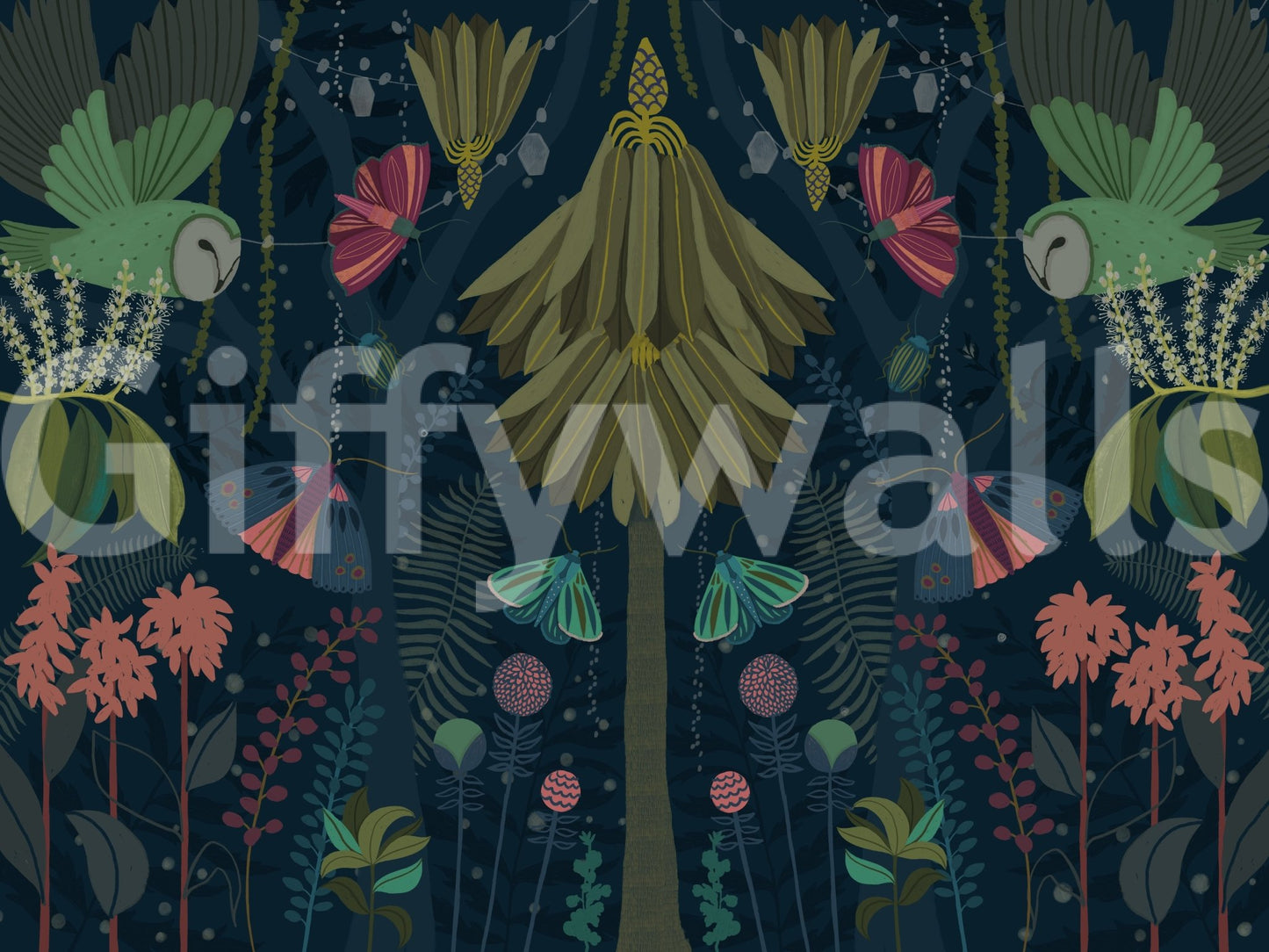 Dark garden wall mural with blooming flowers.