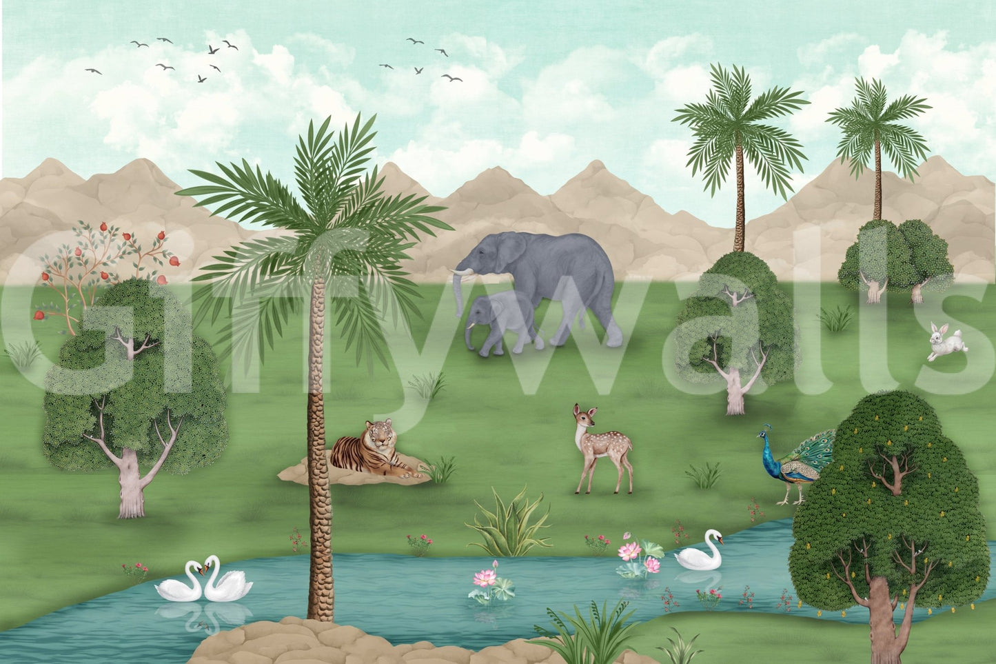 Enchanted River Oasis Wall Mural with palms lake wildlife and mountain backdrop