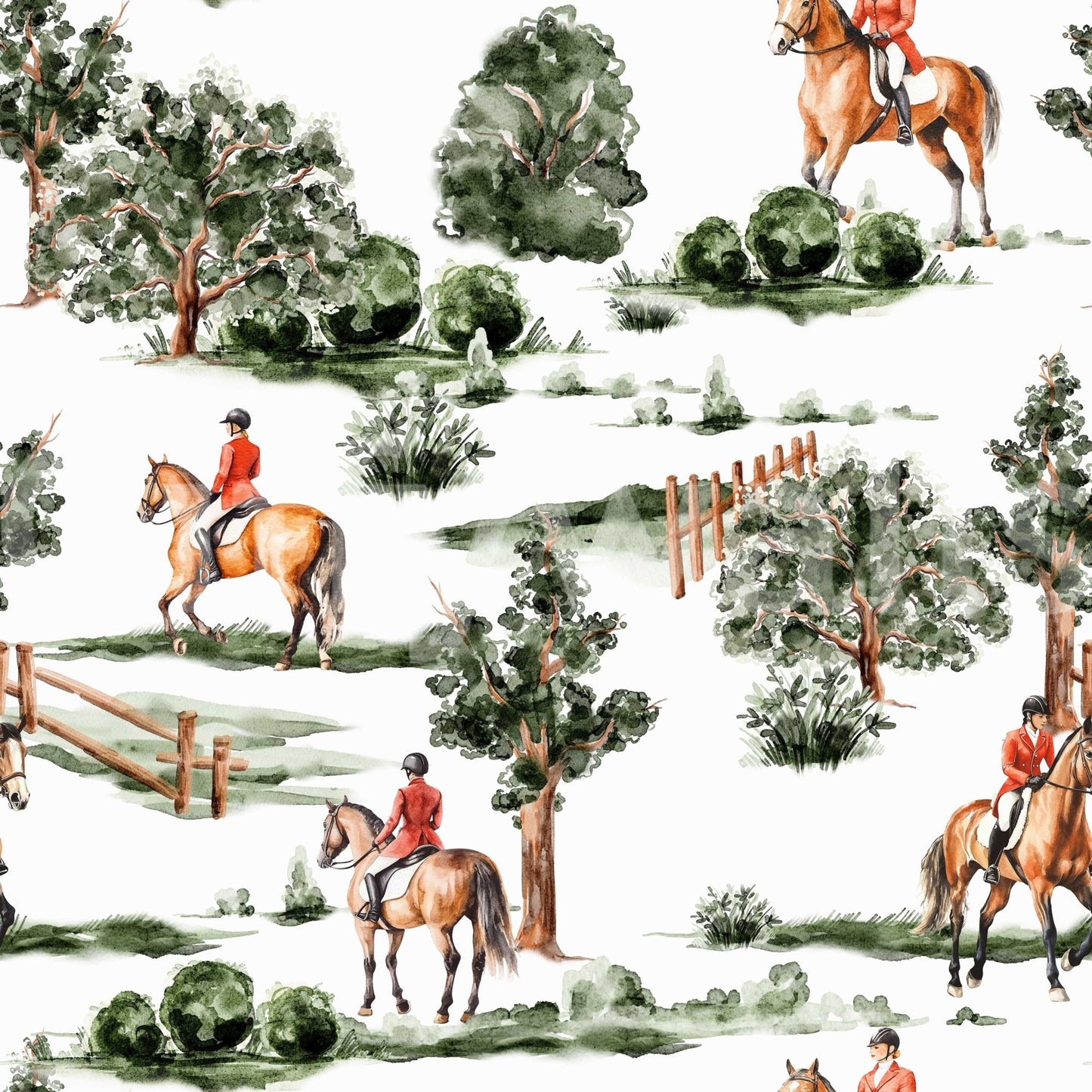 Equestrian Dreamscape peel and stick wallpaper depicting fox hunting.