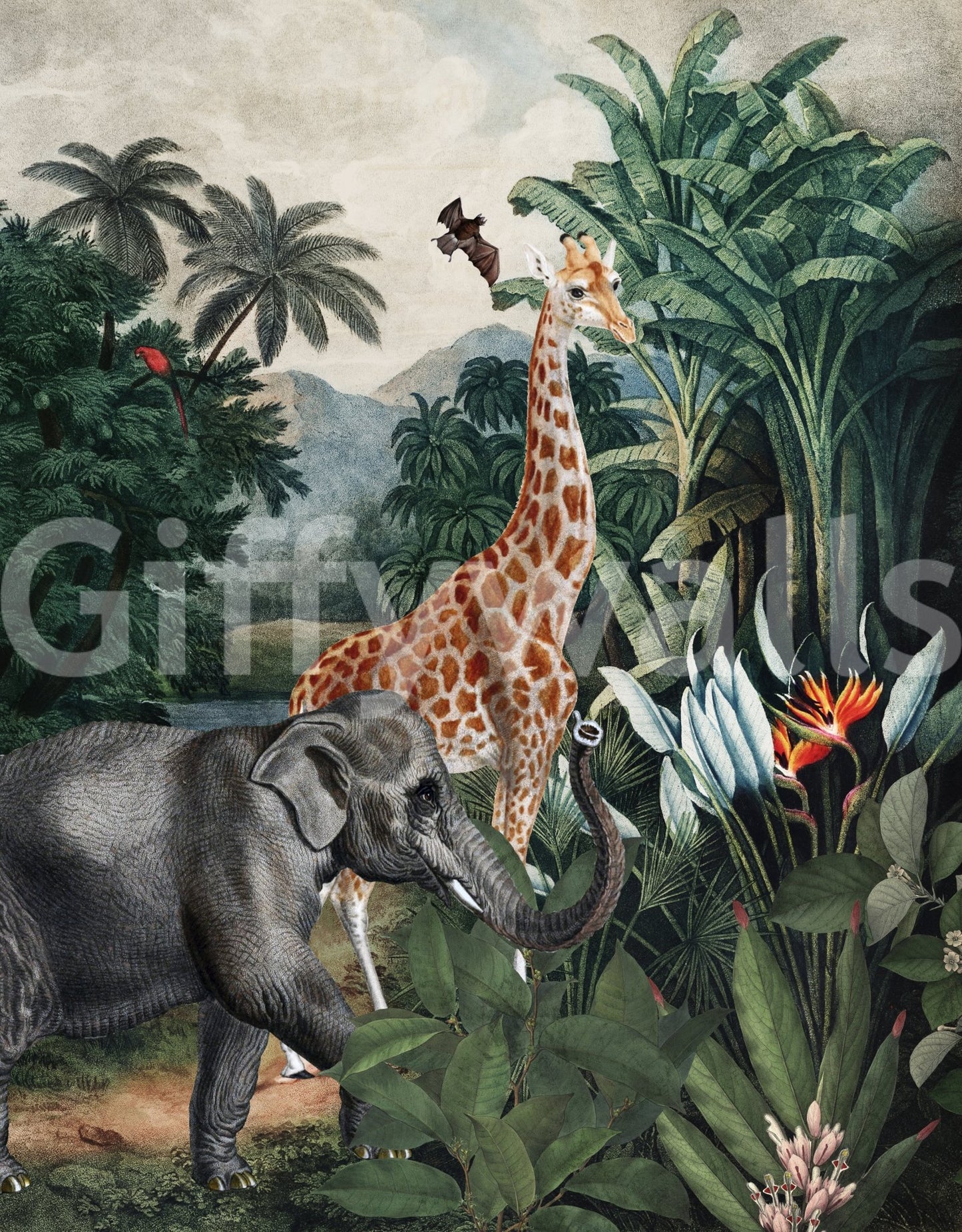 Exotic Eden mural with vivid plants and flowers