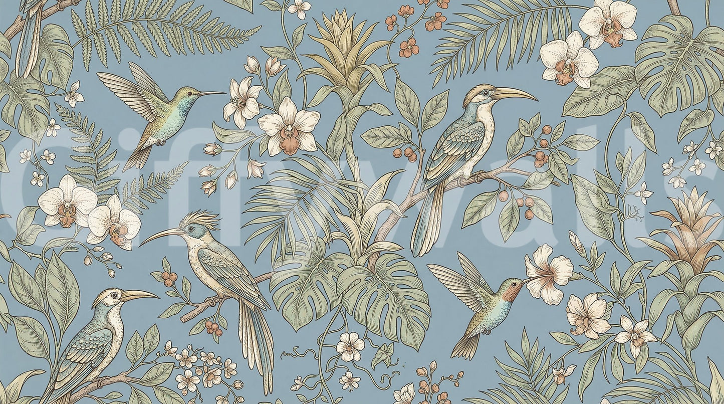 Airy botanical styling marks Exotic Serenity Botanical Aviary wall mural, GD9427