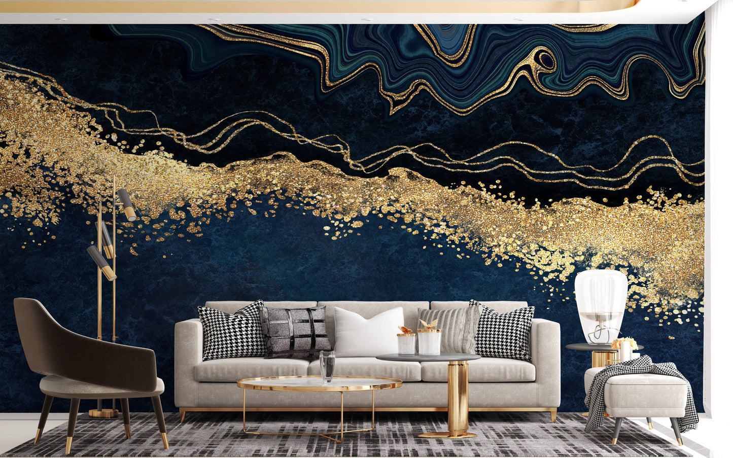 Blue marble wall mural with golden elegance