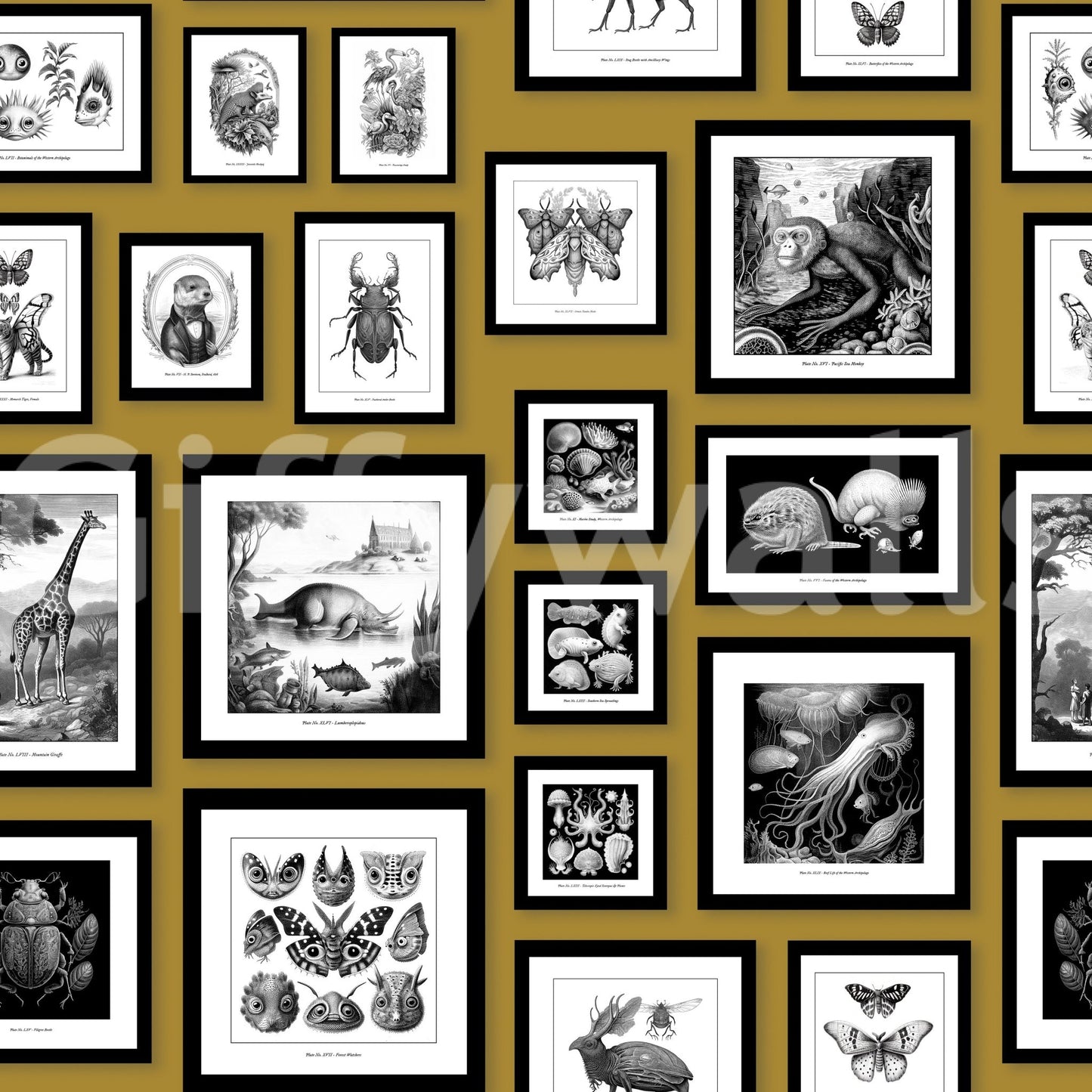 Whimsical creature print on a bold mustard canvas.