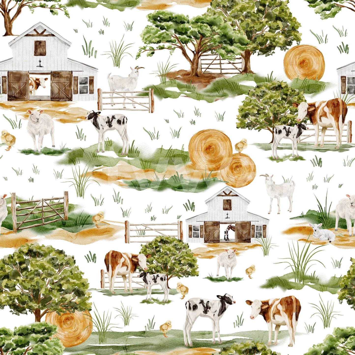 Pastoral scene Farmhouse Charm featuring goats, calves, and chicks.