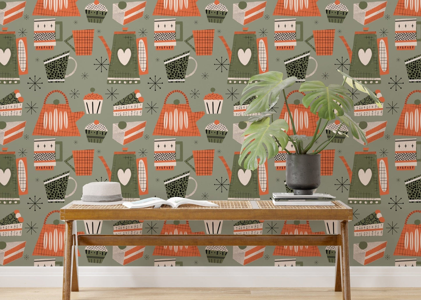 Green retro wallpaper for coffee-themed decor
