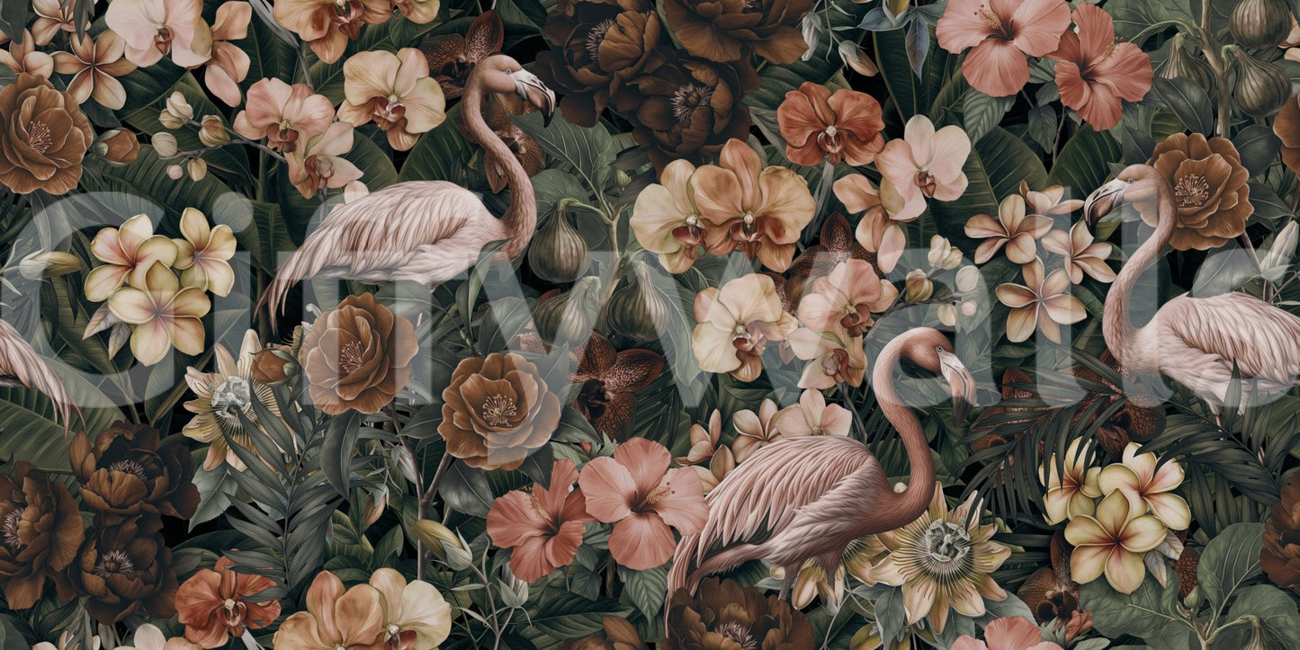 Peach floral mural wallpaper with greenery