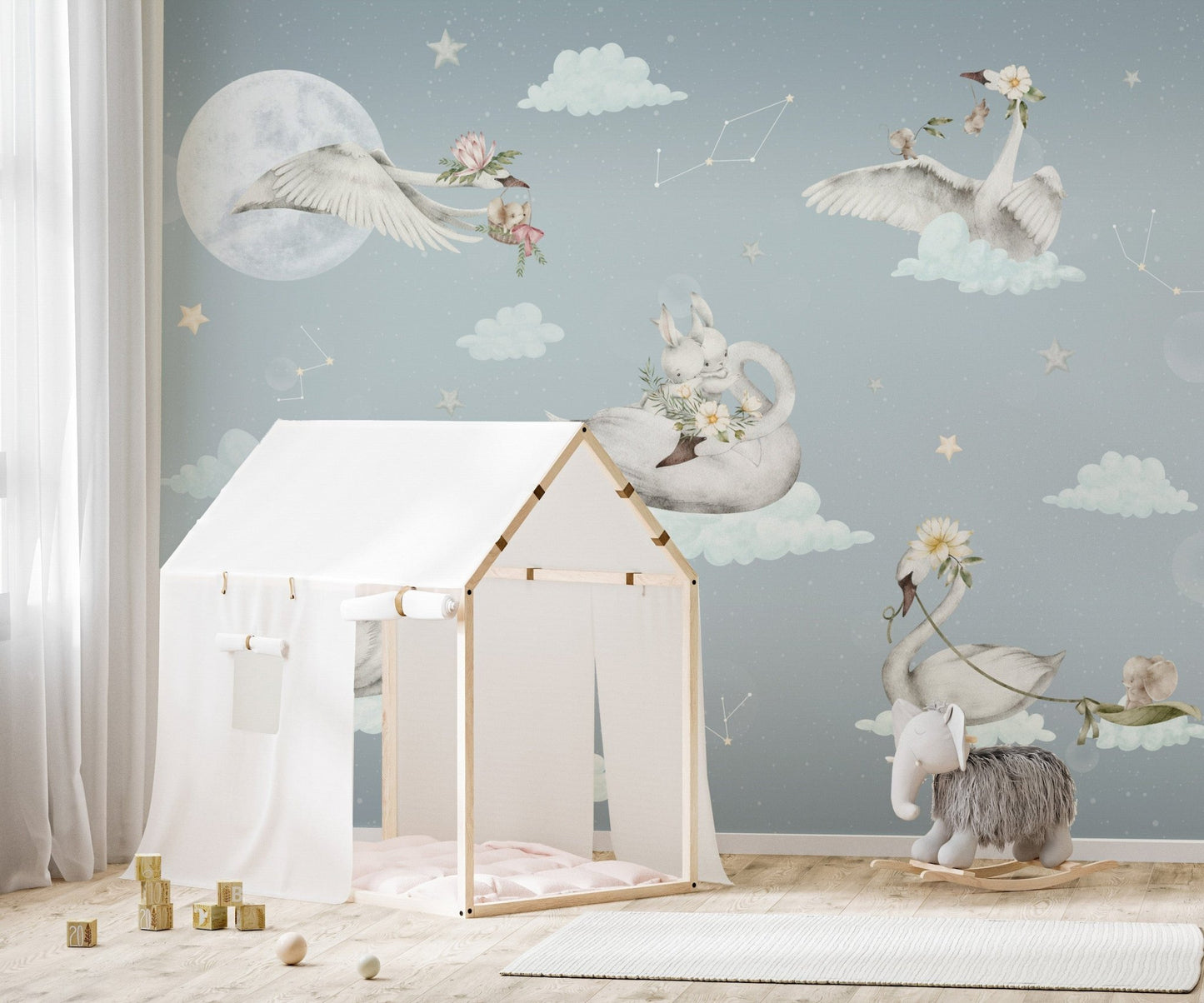 Moonlit swans and bunnies wallpaper