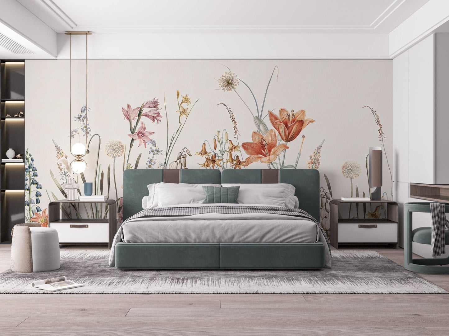 Unique hand-painted floral wall mural tones, A420