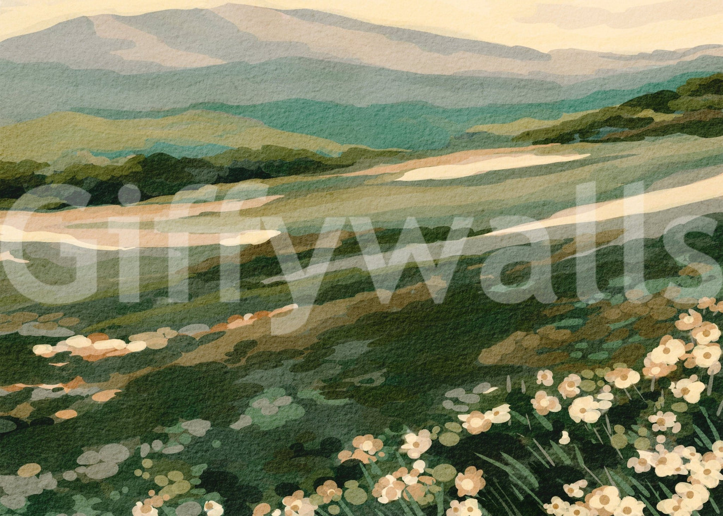 Floral Meadow Vista mural, gentle slope, captivating wall mural for home.