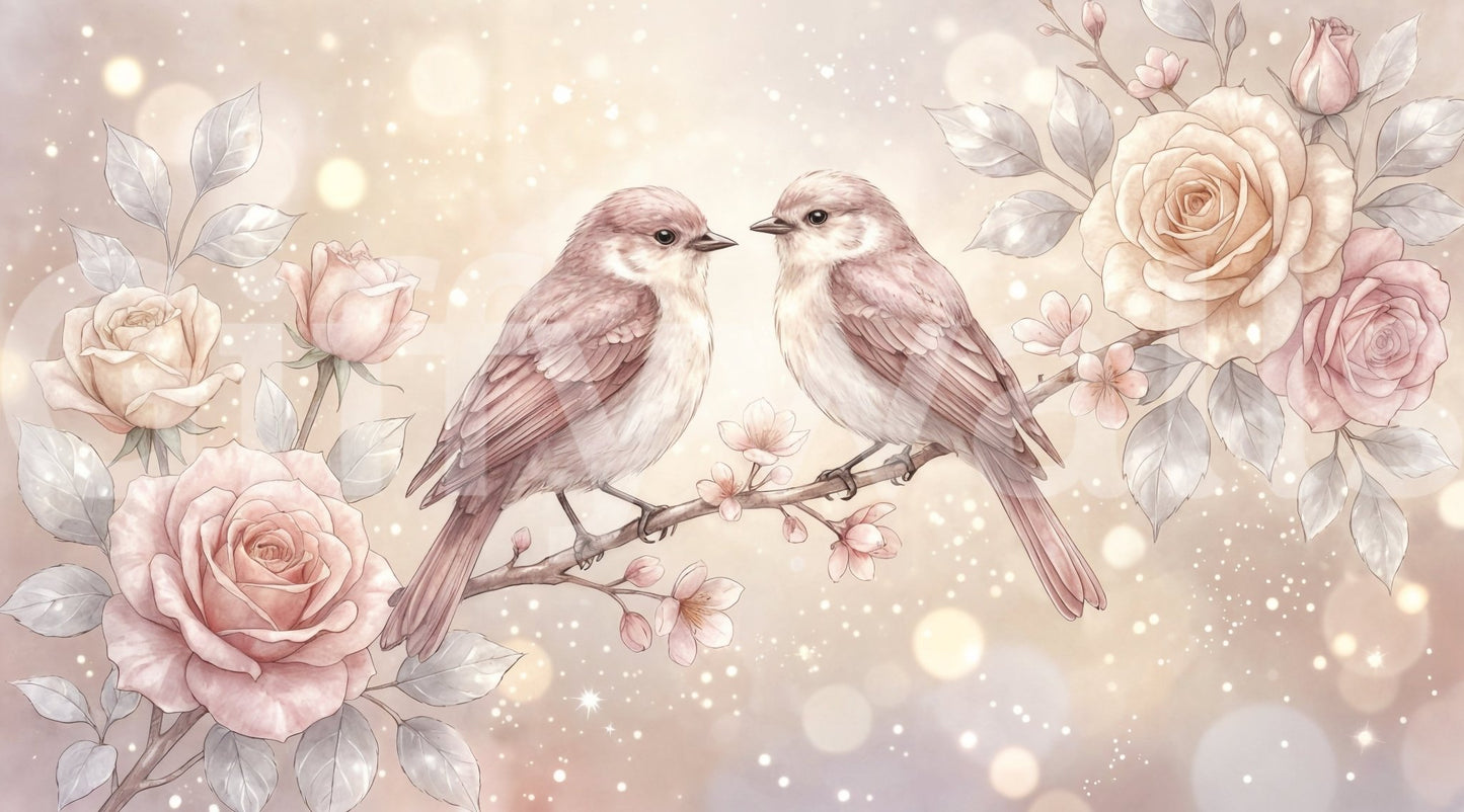 Floral Serenade birds wallpaper in soft neutral tones