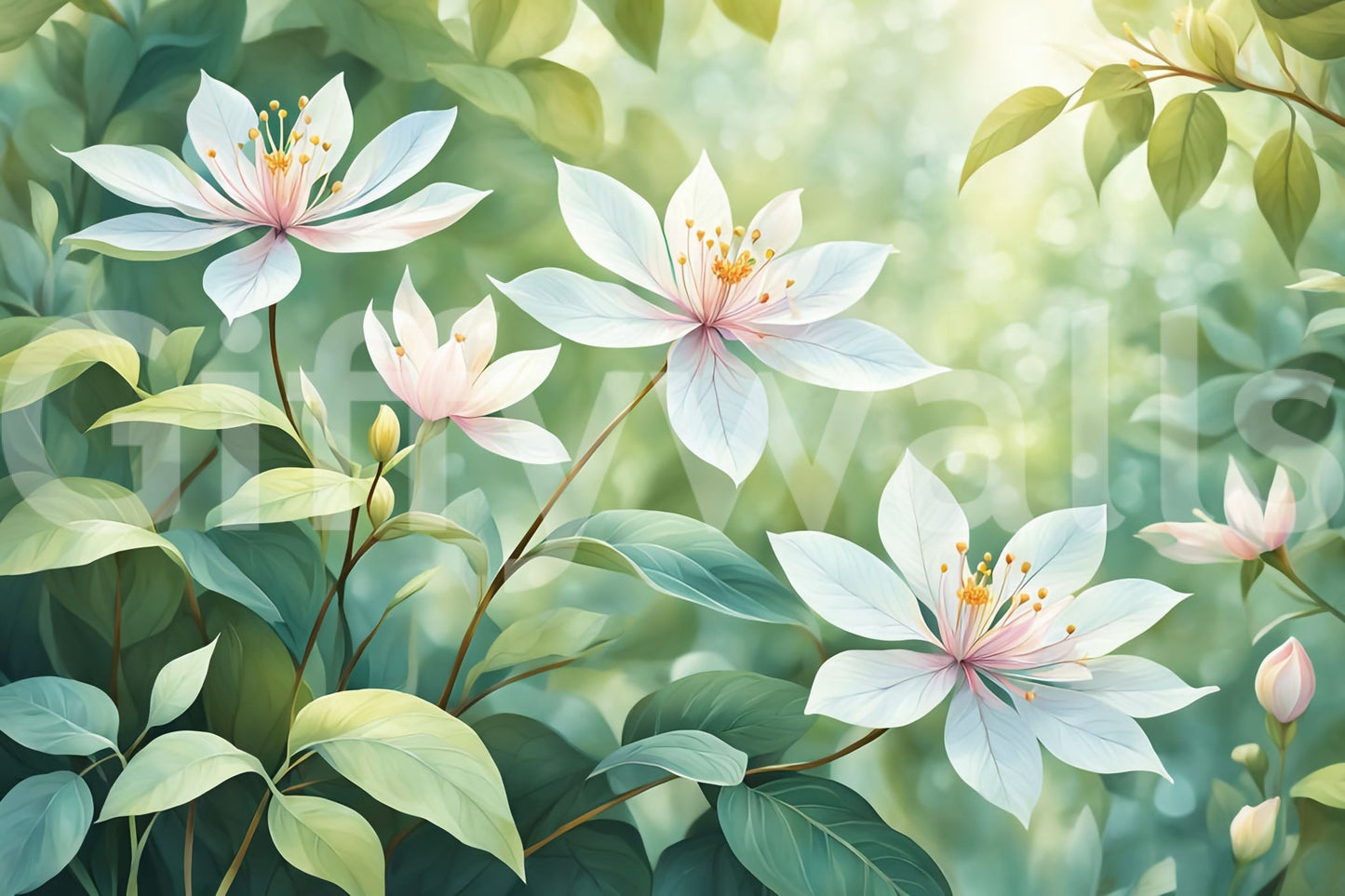 A high-quality serene botanical wall mural for walls.