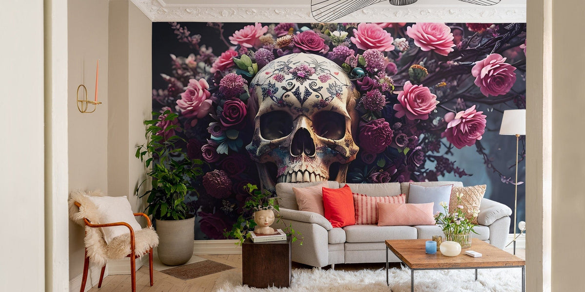 Floral Skull Halloween bat wall mural C804