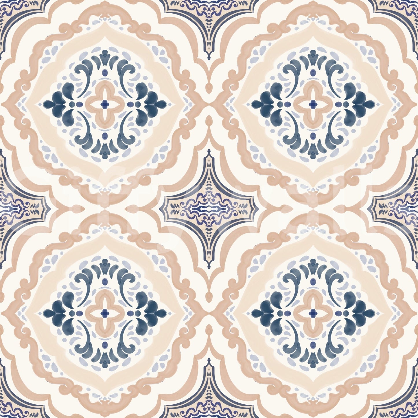 Floral Tile Harmony Wallpaper with blue floral medallions and soft beige tile pattern