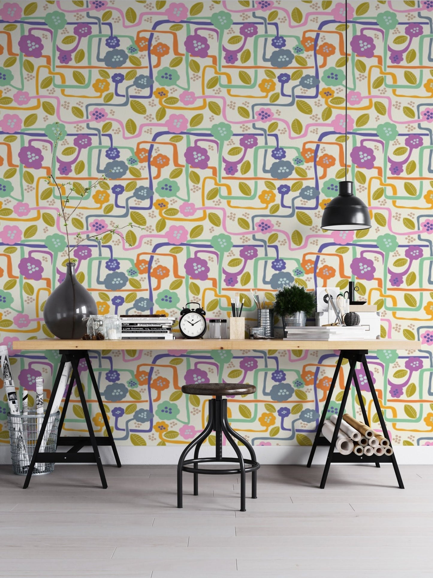 Floral blooming whimsy tapestry wallpaper for stylish homes.