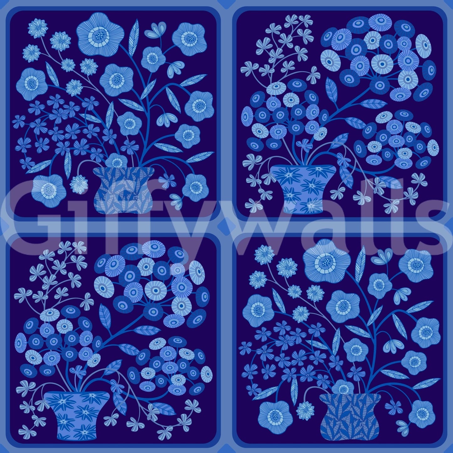 Flower Bouquet Tiles Floral Dark Delft Blue Wallpaper for a master suite, GD7646