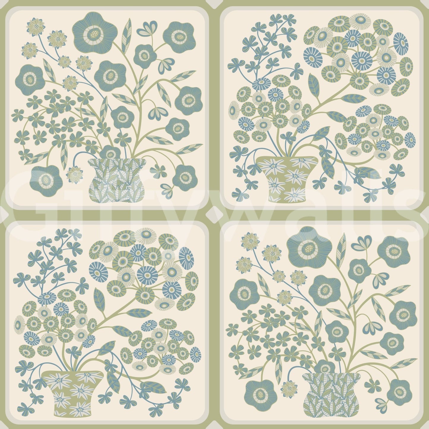 Decorative floral tile wallpaper mural with sage accents for a studio