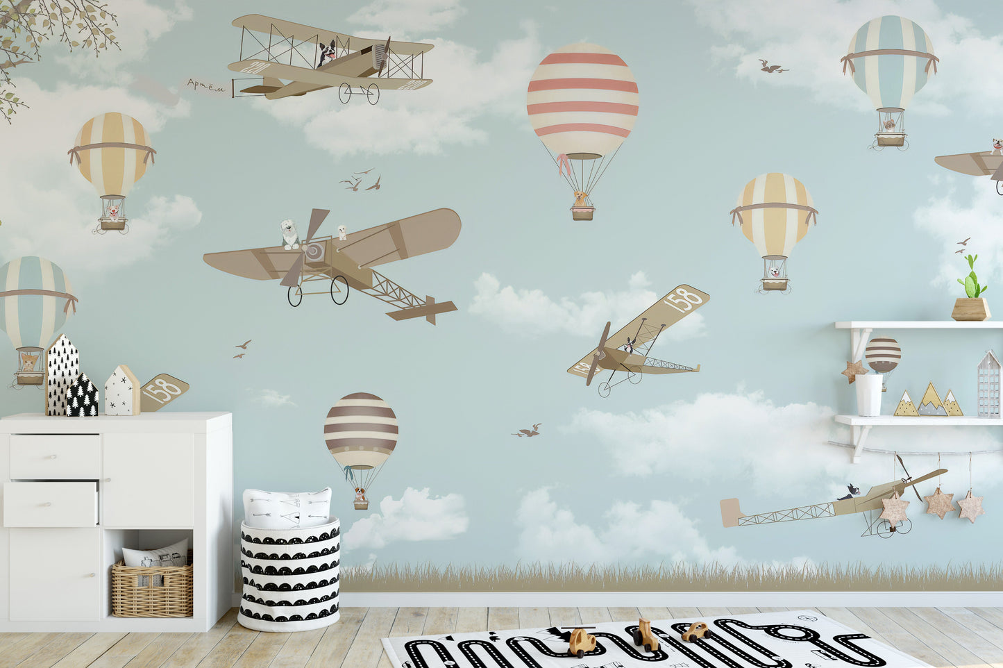 Colorful hot air balloons and planes wallpaper design