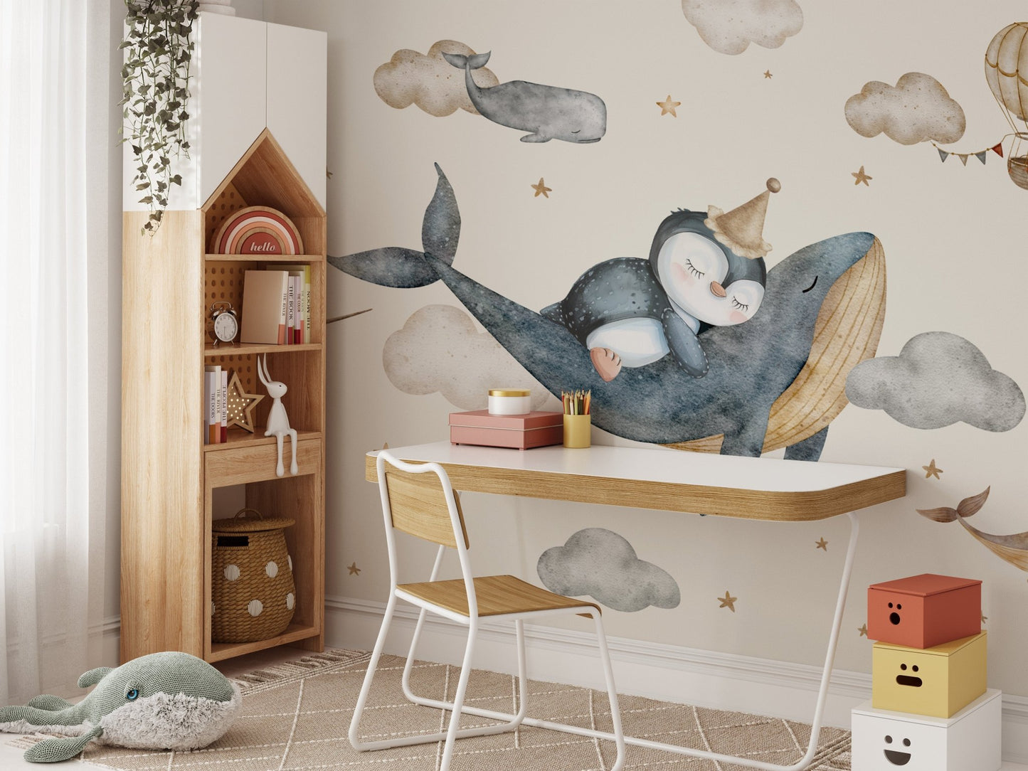 Whale and penguin nursery wall design