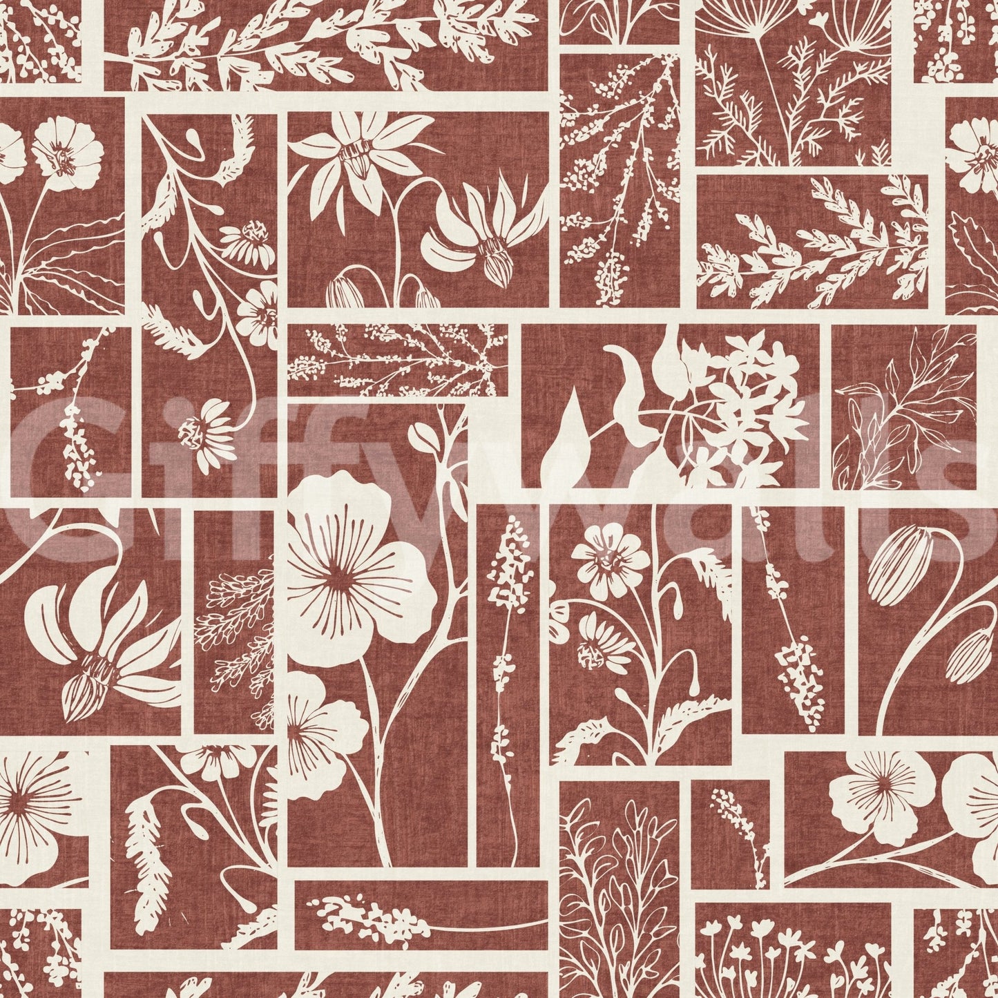 Hand-drawn floral forms give Folk Floral Tilework Wallpaper character