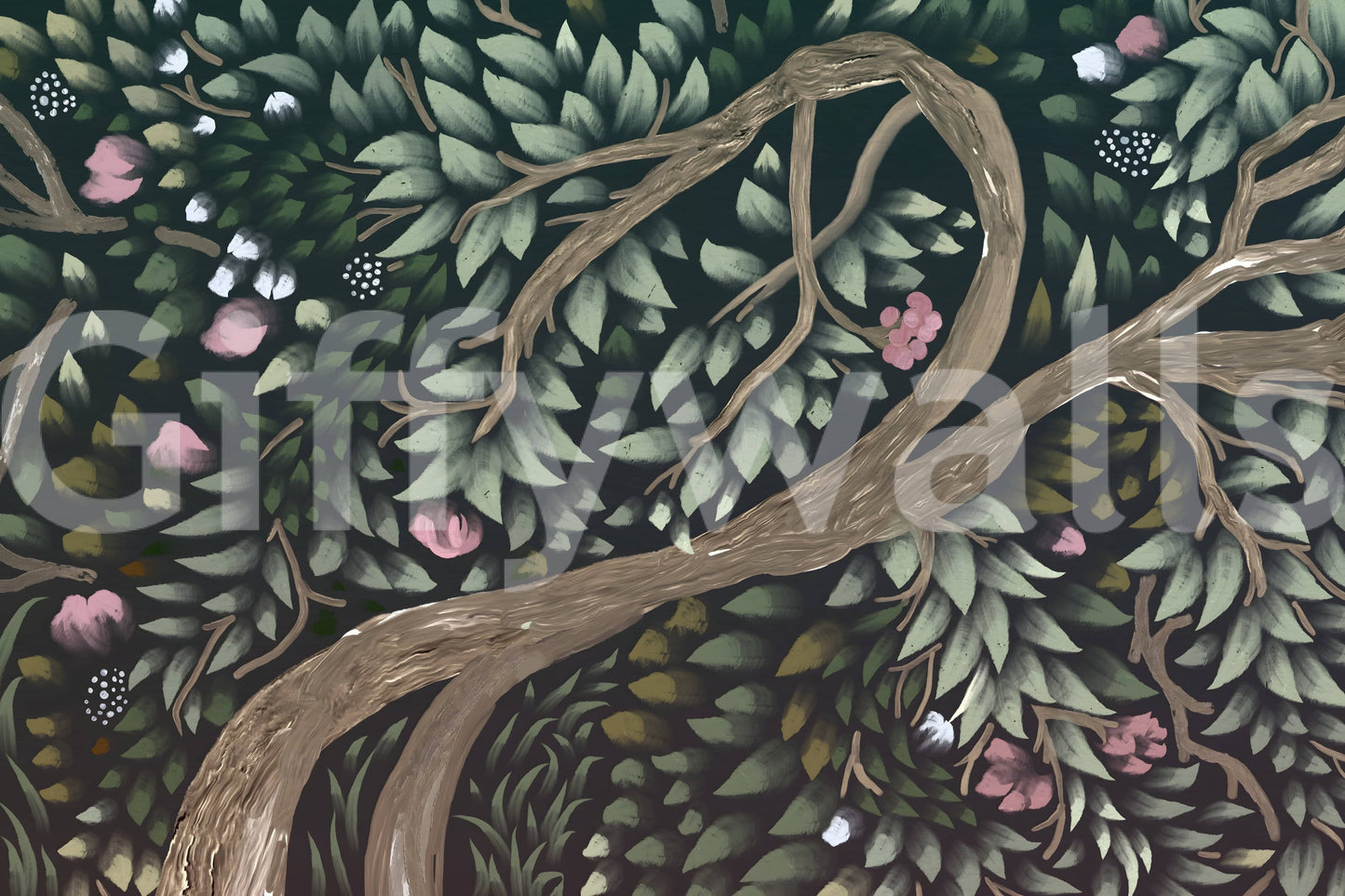 Forest's Embrace wall mural showcasing vibrant foliage and light.