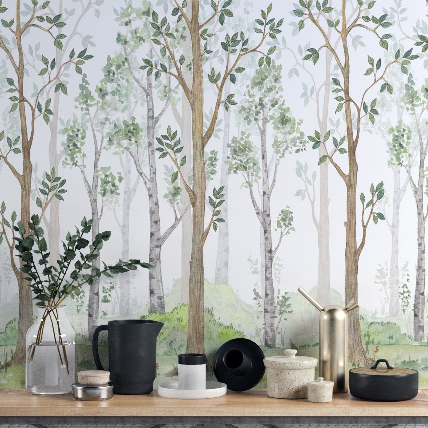 Forest Green Watercolor Wallpaper Mural - Giffywalls A283