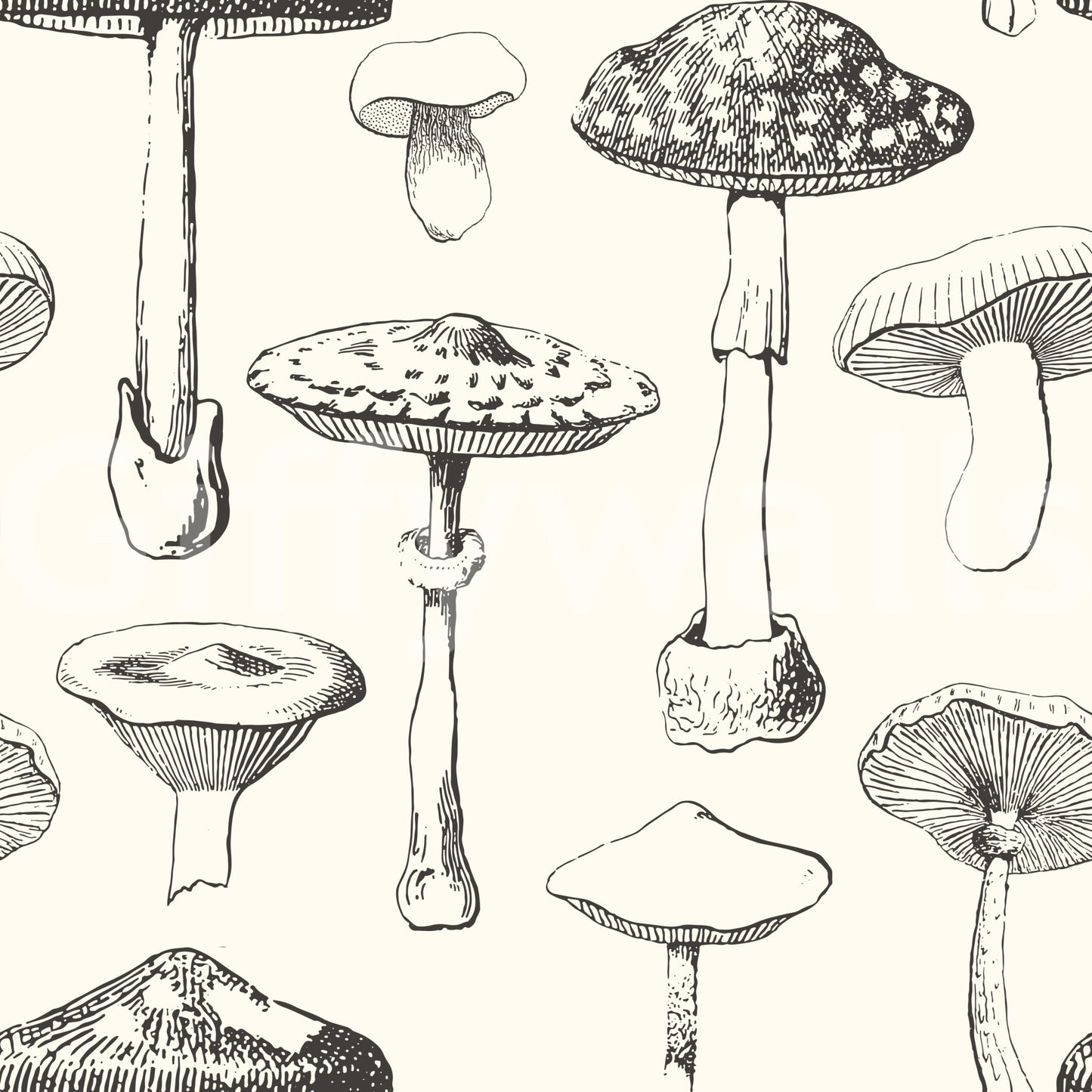 Ivory Sketch wallpaper showing Forest Mushroom motif spacing, GD9329