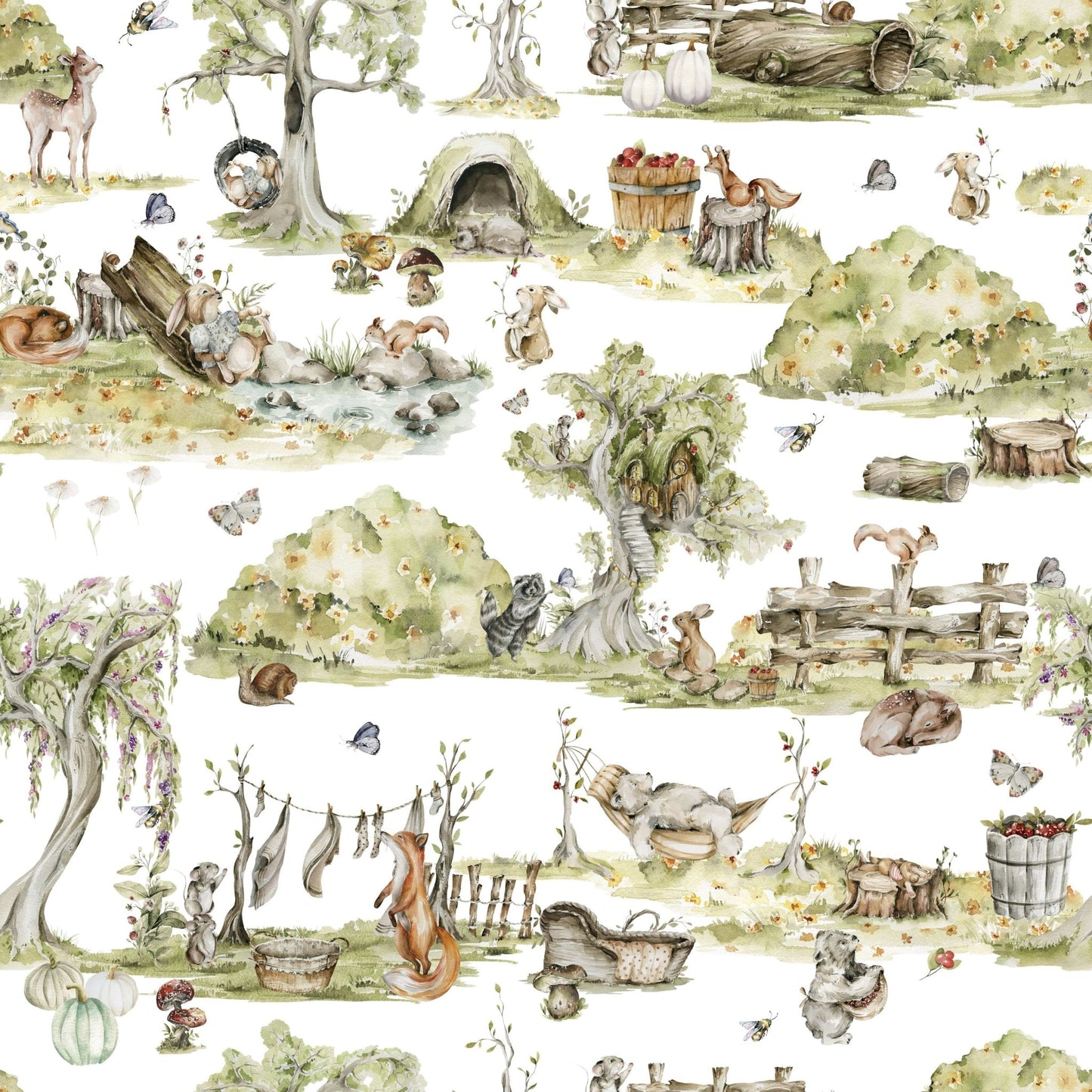 Cozy Forest Tales wall design, soft green and earthy hues.