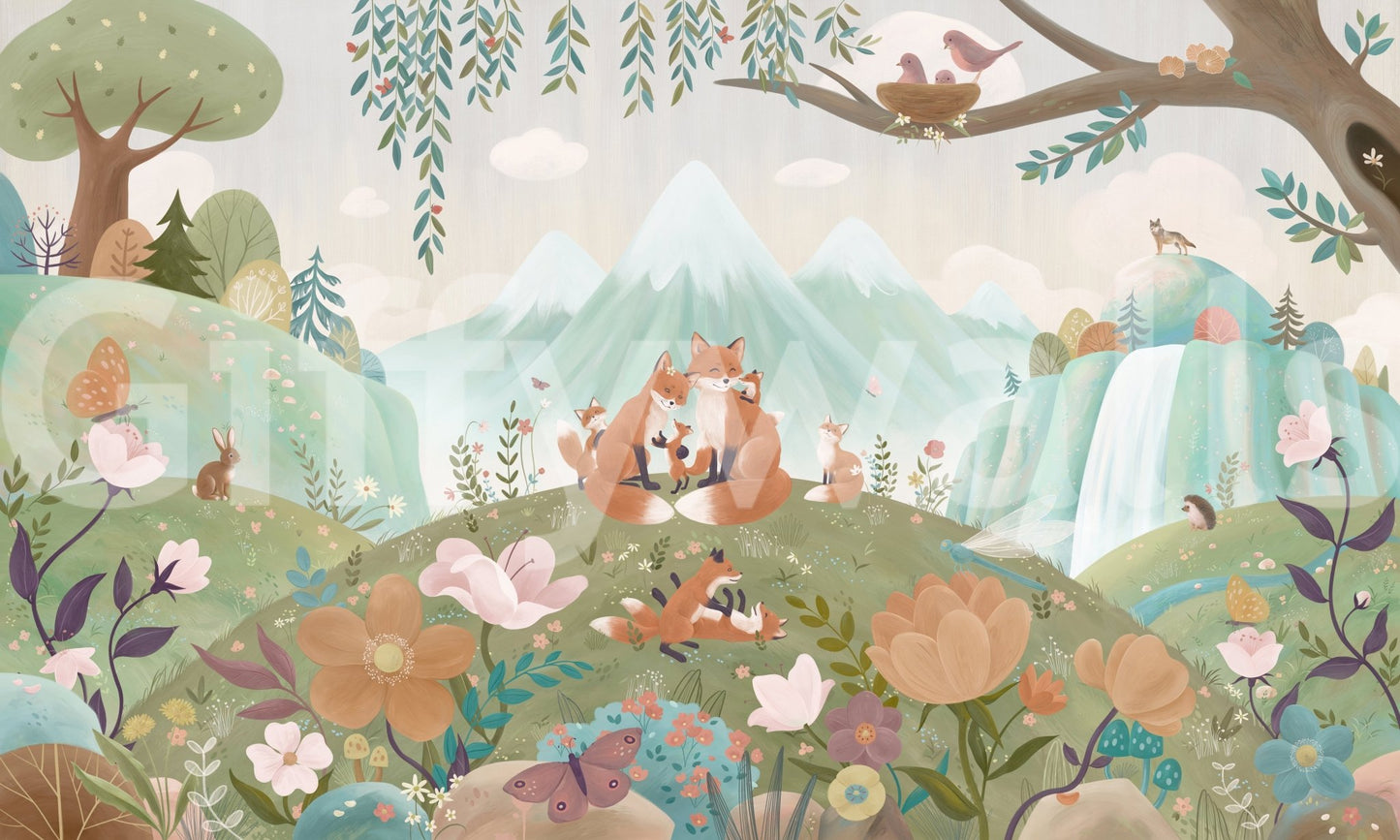 Fox Family Wall Mural with playful foxes and forest details