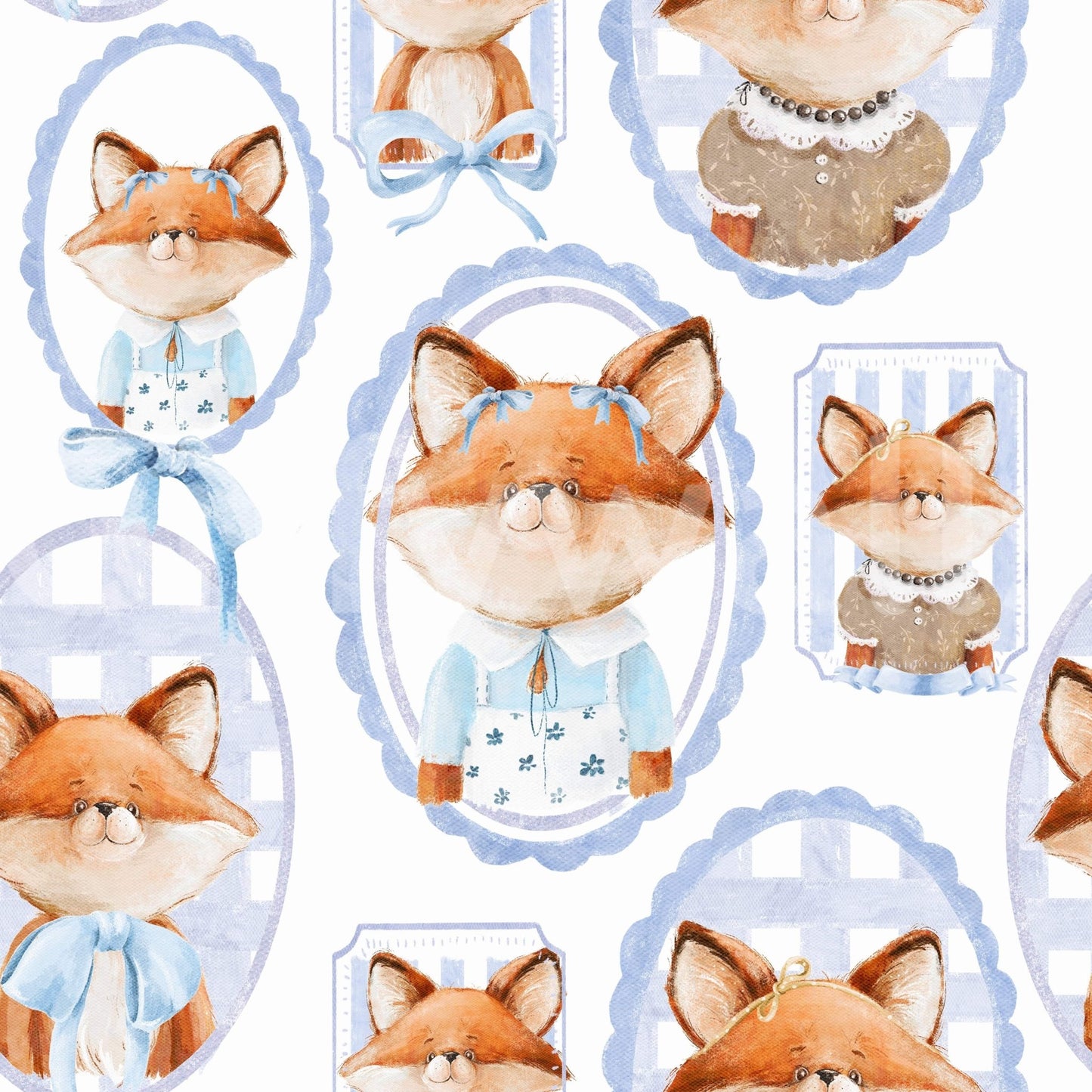 Charming vixen cameos decorate Fox Portrait Gallery peel and stick wallpaper.