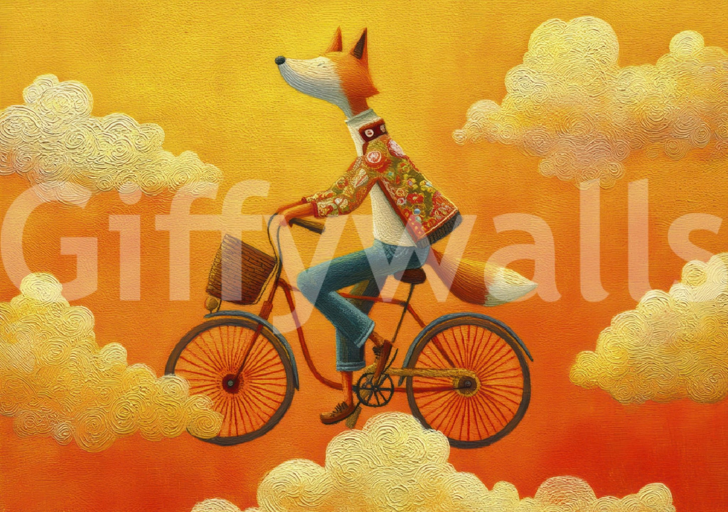 Golden skies frame Fox's Autumnal Ride wall mural with a fox on a bicycle