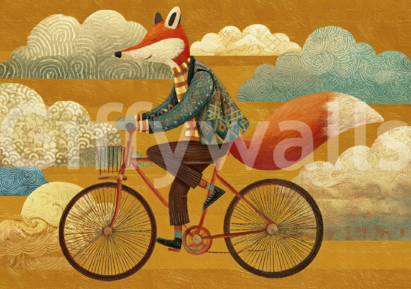 Fox's Autumnal Ride wall mural features a calm fox pedaling across golden cloud bands