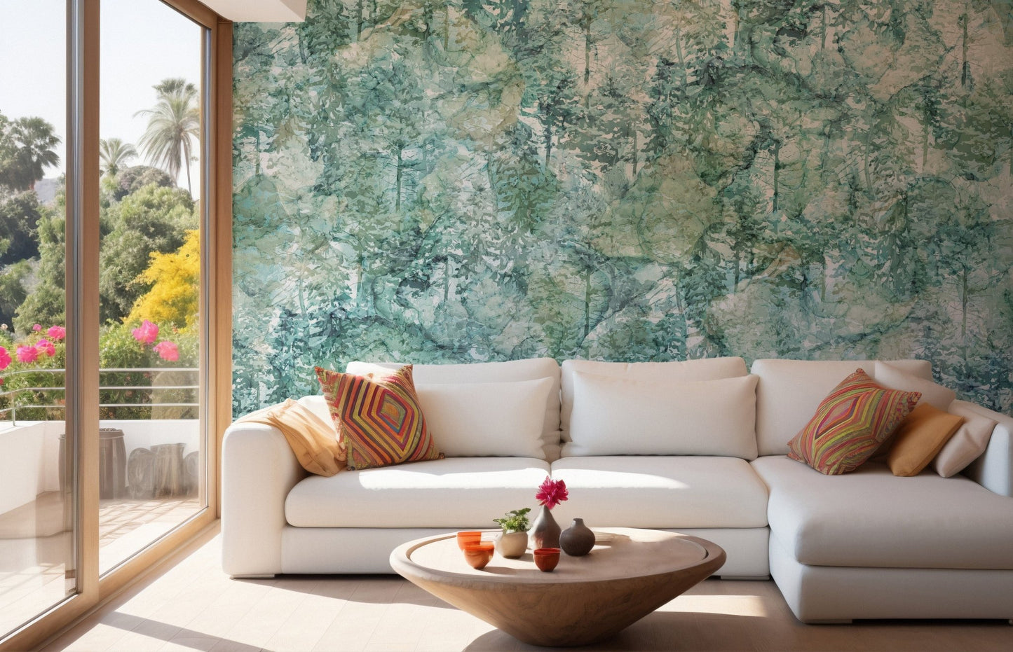 Calming green tropical forest wallpaper mural for interiors A345