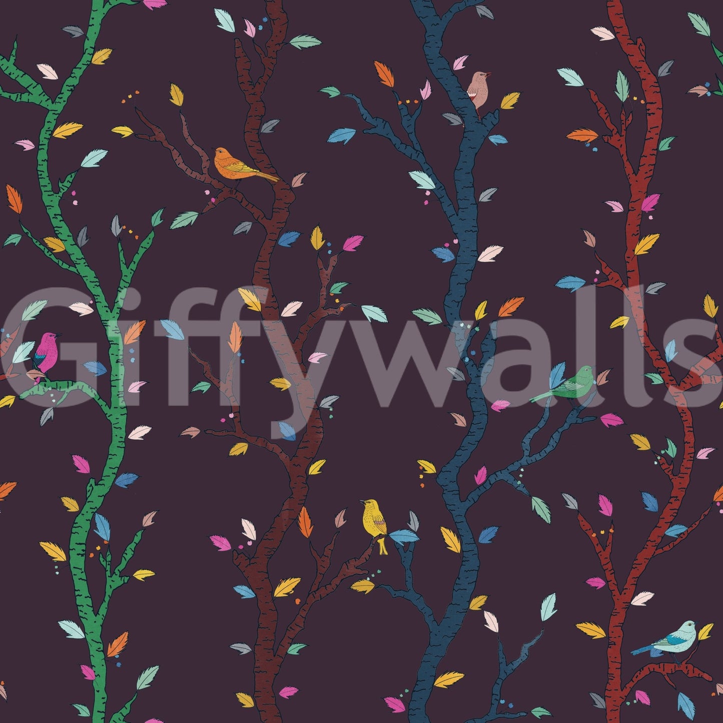 Artistic woodland birds wallpaper with rich fuchsia tones and tree pattern