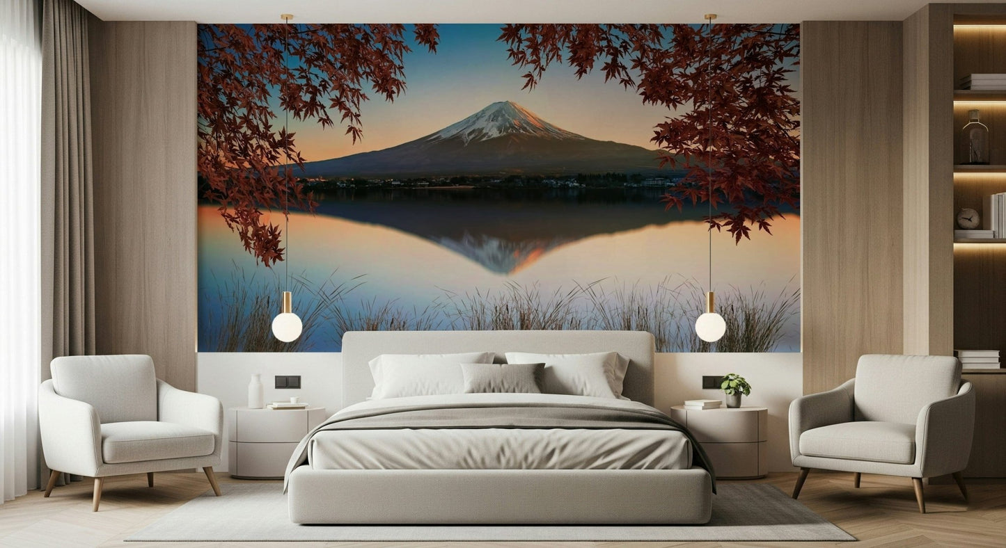 Fuji at Dawn: Autumn View serene lake wallpaper mural.