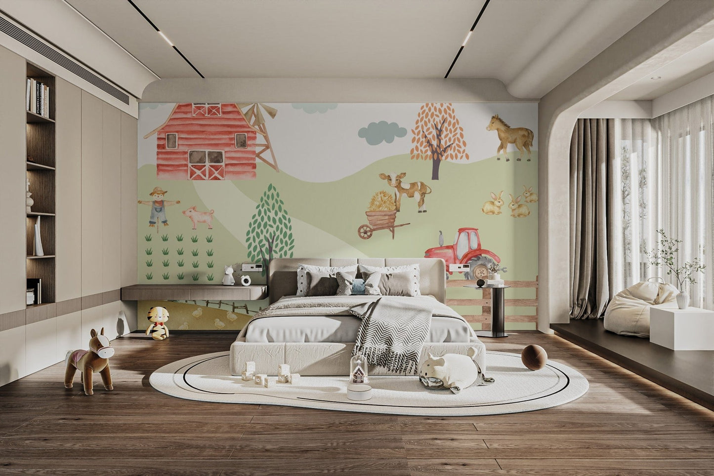 Watercolour farm mural with playful rural charm