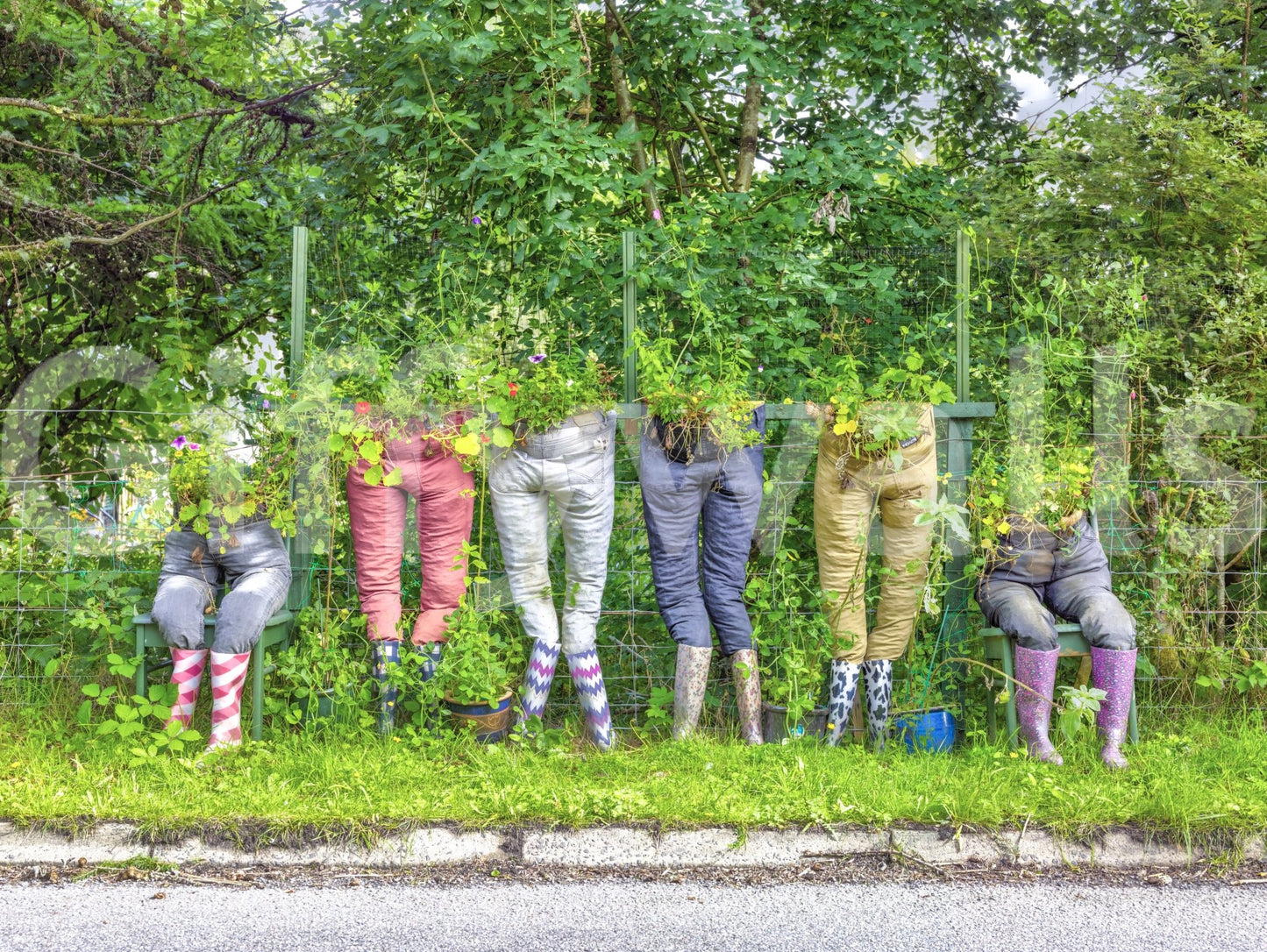 Whimsical garden scene with upcycled pants